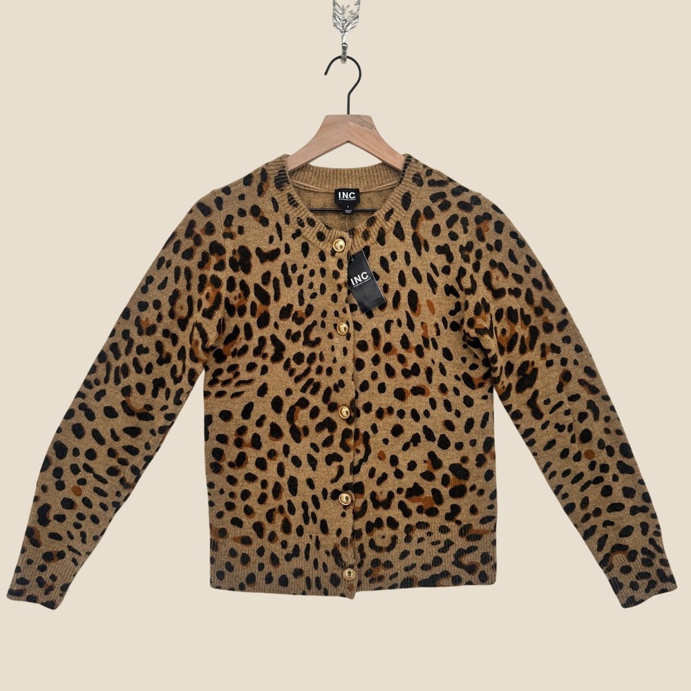 INC International Concepts Leopard Print Wool Blend Cardigan Small NWT